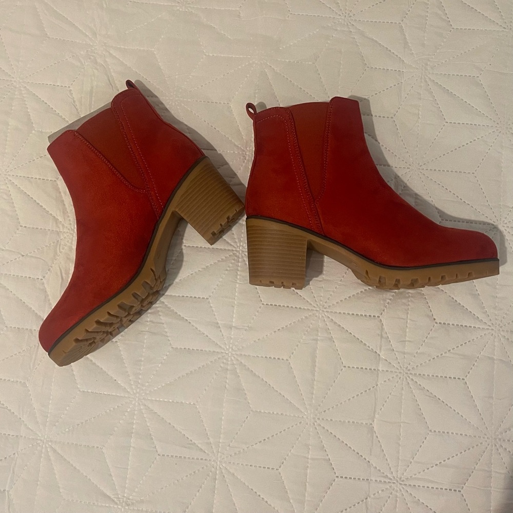 Red Orange Suede Ankle Boots - Picture 4 of 5